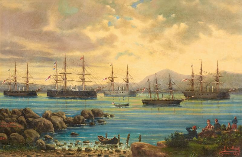 Marine scene with a ship in a storm by Ludwig Rubelli von Sturmfest, medium unknown