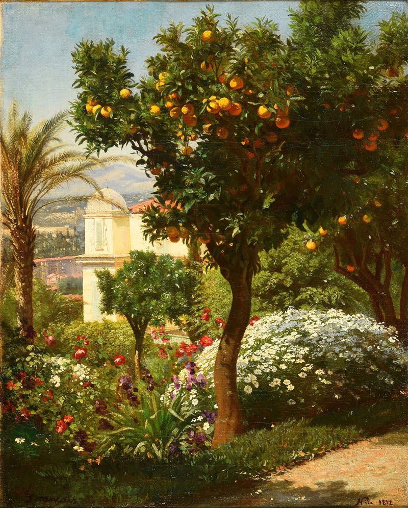 Oil painting by Francois-Louis Français featuring oranges and lush foliage