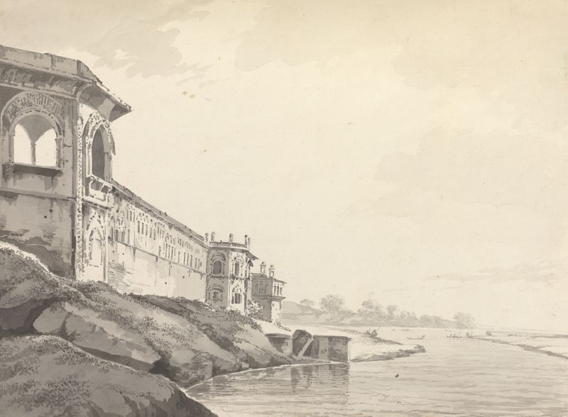 Paisagem de William Hodges, tinta sobre papel, com colinas e água tranquila.