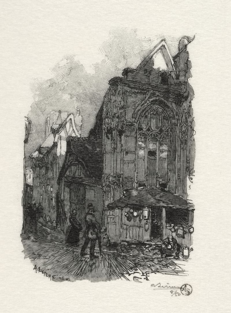 Saint Etienne des Tonneliers de Auguste Louis Lepère, Impressionismo, retratando uma antiga fachada de pedra com luz dourada