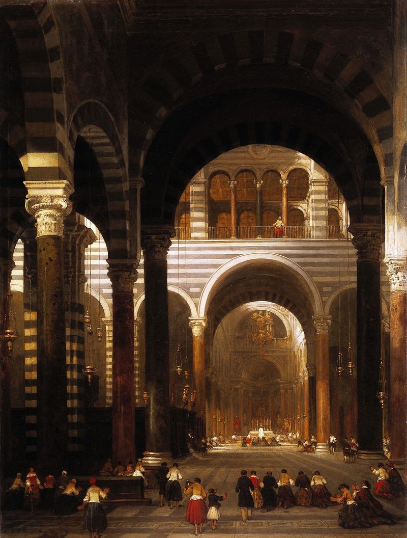 Interior da Catedral, Pisa por David Roberts, apresentando colunas intrincadas e jogo de luz.