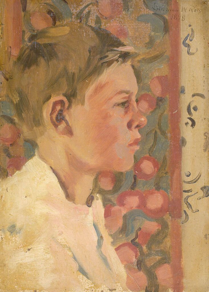 Retrato de um menino por Denman Waldo Ross, óleo sobre tela, capturando juventude e vulnerabilidade.