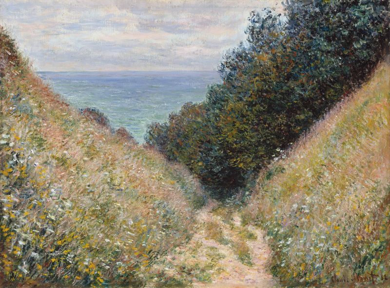 Road at La Cavée, Pourville de Claude Monet, óleo sobre tela mostrando um caminho sinuoso e vegetação exuberante.