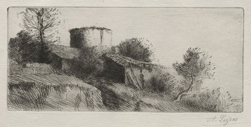Pigeon Tower de Alphonse Legros, pintura a óleo que retrata uma torre desgastada na luz dourada