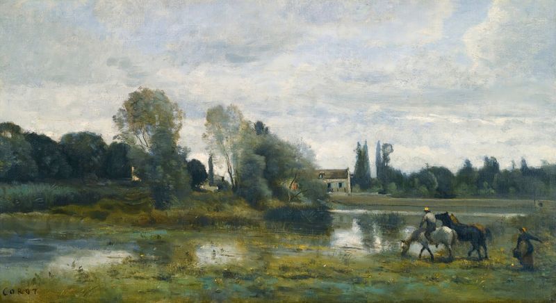Ville D’avray; L’abreuvoir Des Chevaux, oil on canvas by Jean-Baptiste-Camille Corot