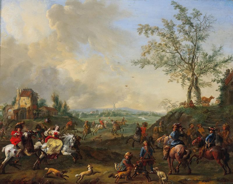 Jinetes elegantes en una escena de caza con halcones, pintura al óleo de Jan Frans van Bredael