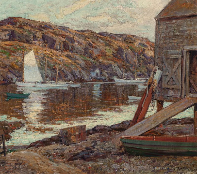 Tranquil landscape with a boat shed, oil on canvas by Wilson Henry Irvine