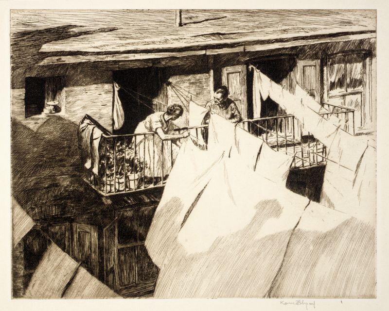 A Bank Street Balcony by Kerr Eby, Impressionism, depicting light and shadows on a balcony's wrought iron railing.