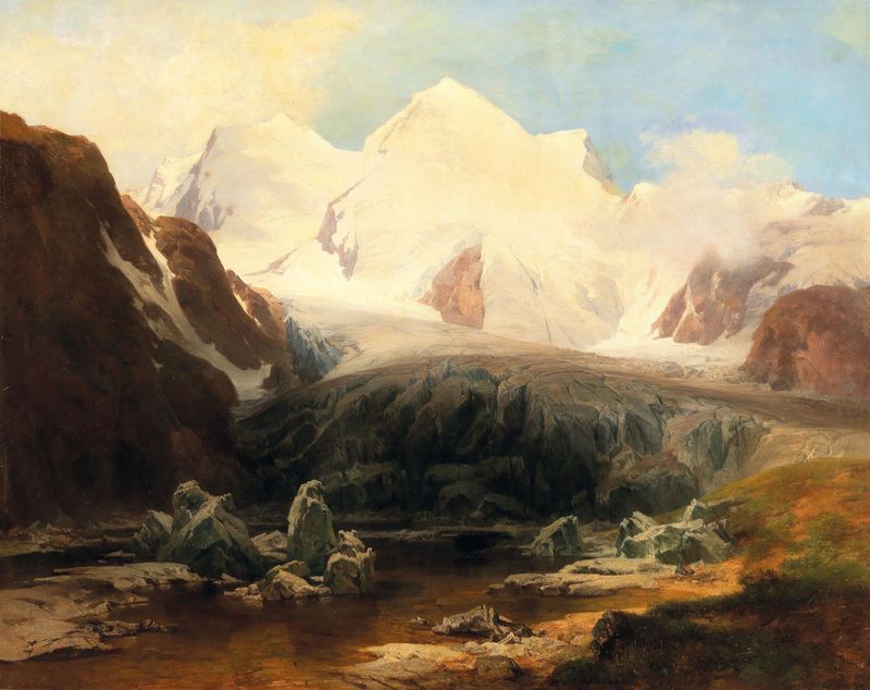 Un paisaje sereno con un lago de montaña y montañas cubiertas de nieve, óleo de Anton Hansch.
