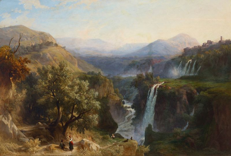 The Cascades of Tivoli by Franz Knebel, oil painting depicting a waterfall and lush foliage.