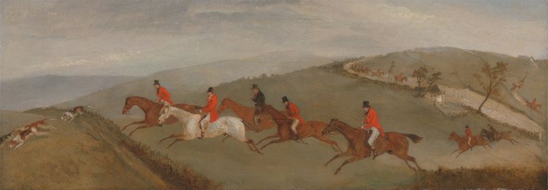 Foxhunting - The Few Not Funkers by Richard Barrett Davis, oil painting depicting figures among lush greenery.