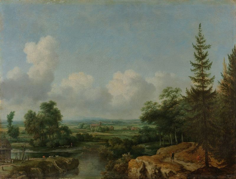 Swedish Landscape by Allaert van Everdingen, oil painting depicting serene hills and water.