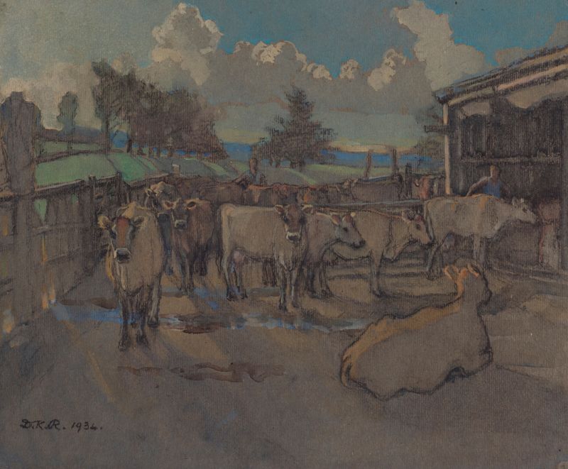 Oil on canvas by Dorothy Richmond depicting a figure milking at twilight.