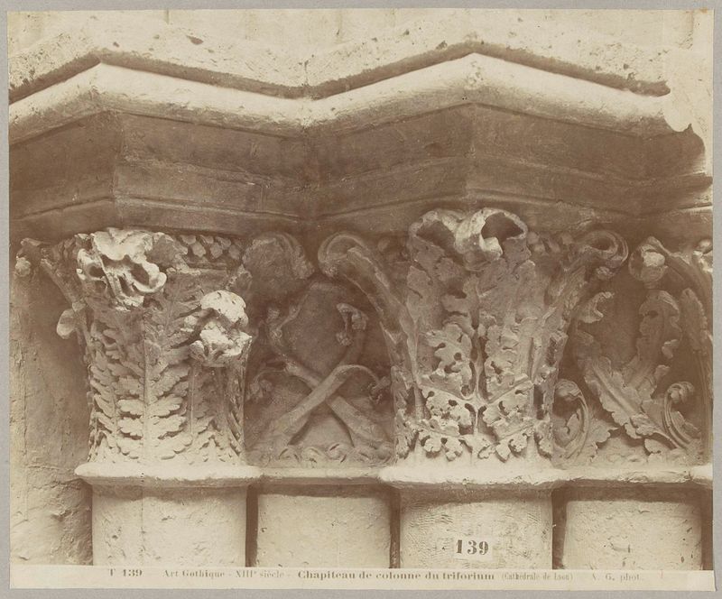 Kapitelen met bladmotief de Adolphe Giraudon, impresión de albúmina que muestra intrincados motivos de hojas en piedra de ...