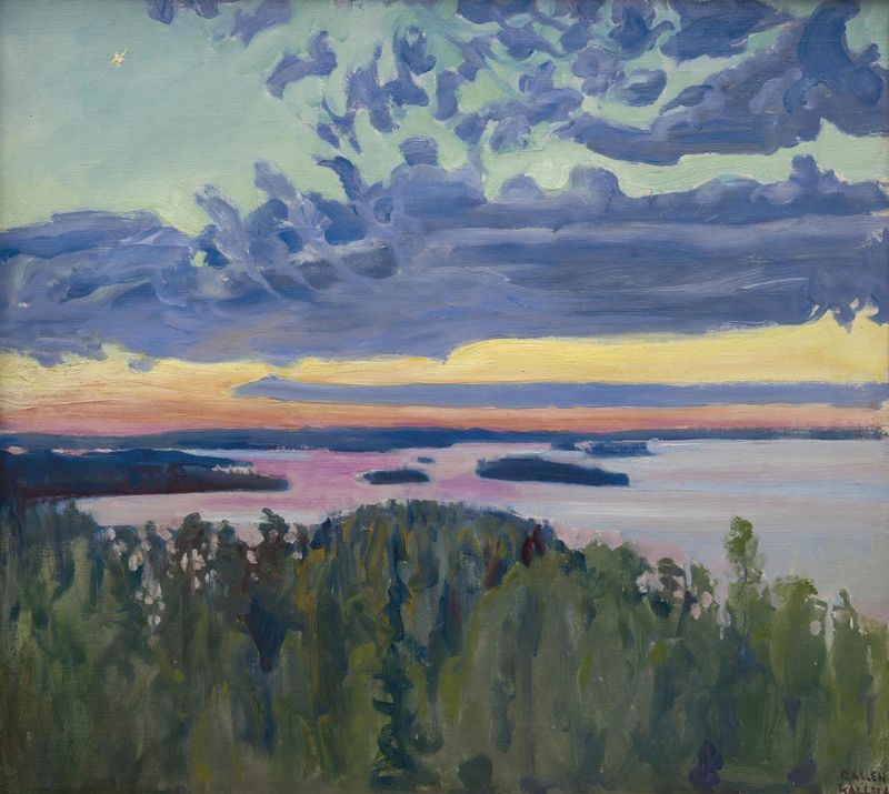 Landscape with sunset over a lake, oil painting by Akseli Gallen-Kallela