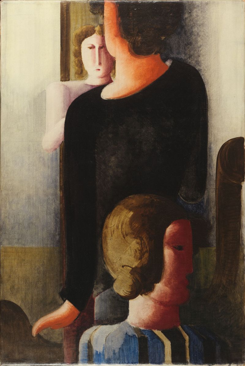 Three figures with furniture-like forms in oil on canvas by Oskar Schlemmer