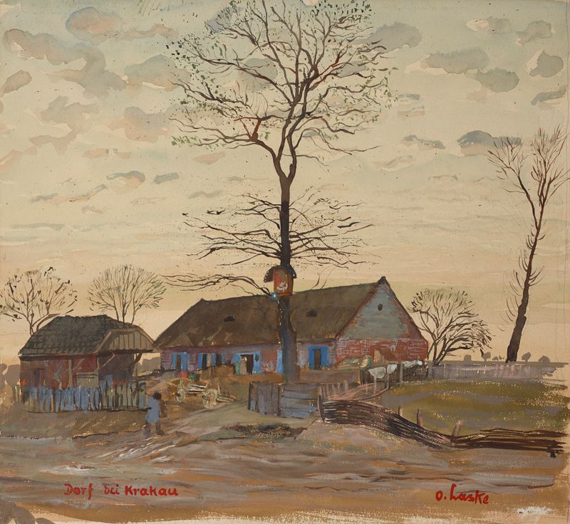 Dorf bei Krakau de Oskar Laske, impresionismo, que representa un paisaje de aldea con campos exuberantes y un vasto cielo