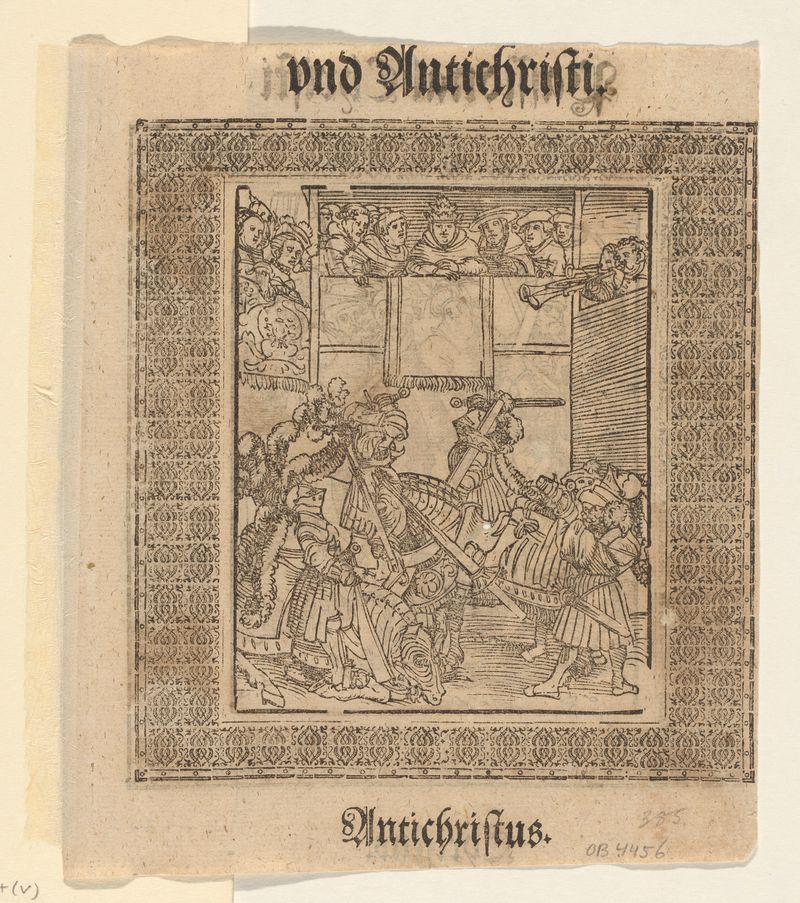 Cena histórica de Lucas Cranach mostrando um cavaleiro de armadura em um torneio, meio papel.