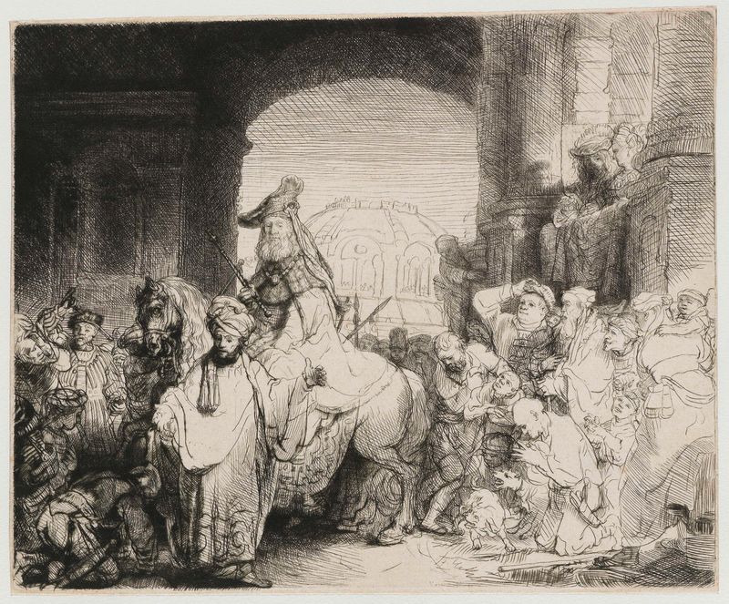 O Triunfo de Mardoqueu, gravura de Rembrandt van Rijn, mostra Mardoqueu em um cavalo com vestes reais.