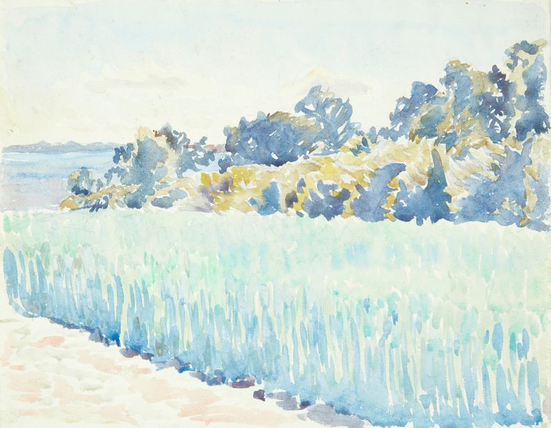Landscape of ripened grain and forest by Peter Hansen, oil on canvas
