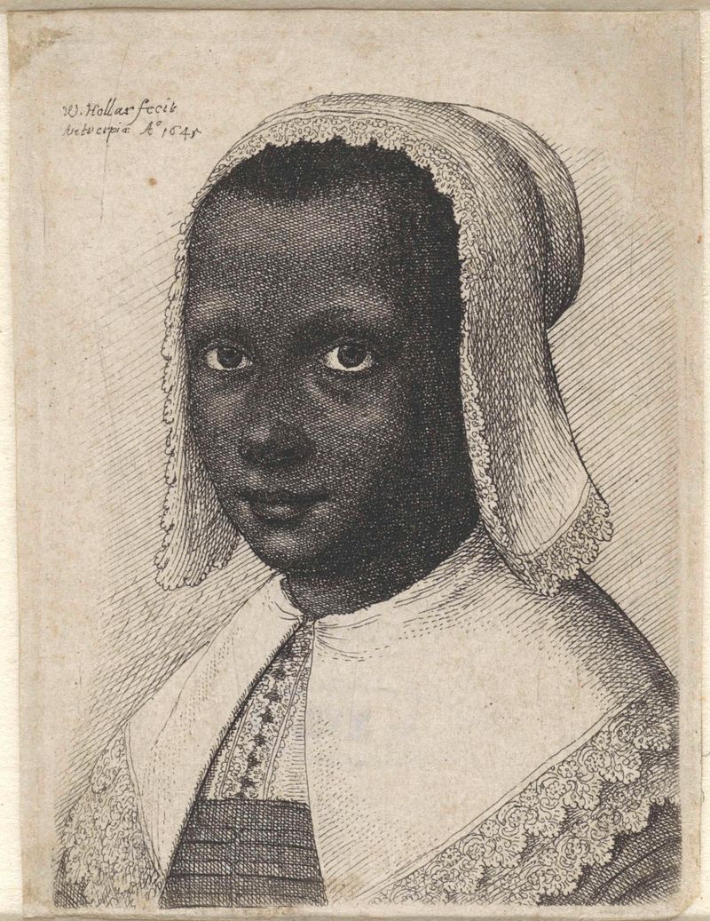 Retrato de uma jovem negra com touca de renda, gravura de Wenceslaus Hollar