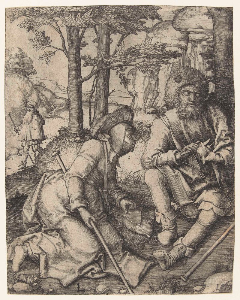 Tres peregrinos en un camino en un grabado de Lucas van Leyden