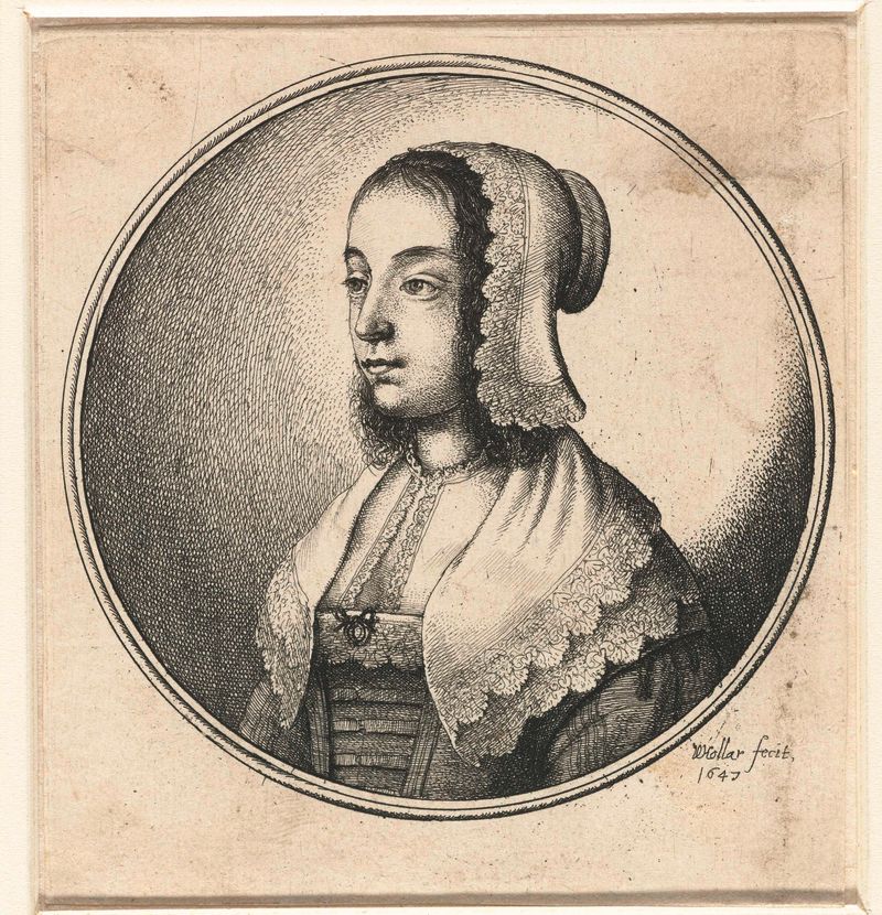 Retrato de una mujer con capucha de encaje y collar, grabado de Wenceslaus Hollar