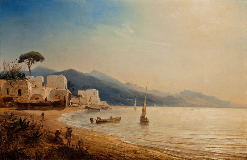 The Coast Near Naples by Théodore Gudin, oil painting depicting a vibrant seascape.