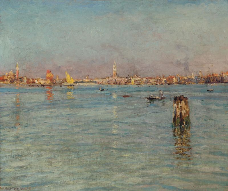 Marine scene with gondolas at dawn, oil painting by Ugo Flumiani