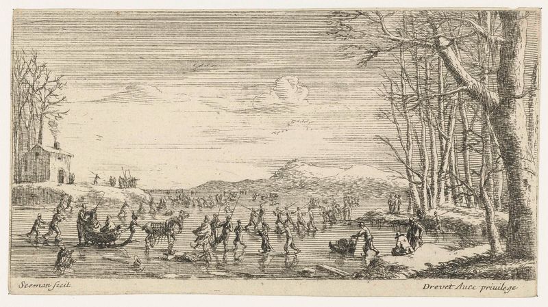 Rio congelado com patinadores no inverno, gravura de Unknown Artist