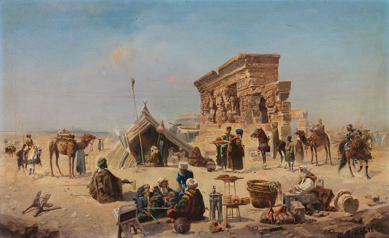 Orientalische Szene by Robert Alott, depicting intricate textiles in rich red and gold.