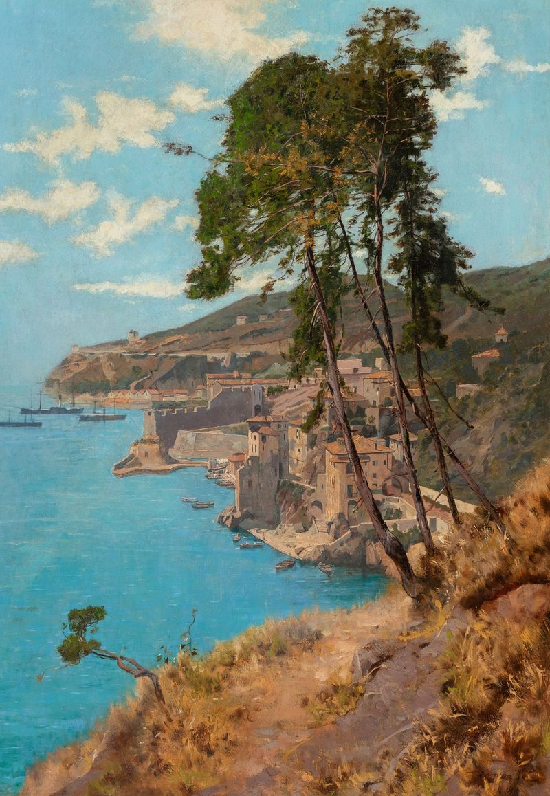 Paisaje óleo de Edouard John Menta con aguas azules y un cielo brillante
