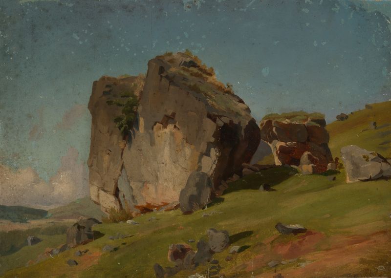Felsenstudie de Eugen Bracht, óleo sobre tela que retrata uma paisagem rochosa tranquila.