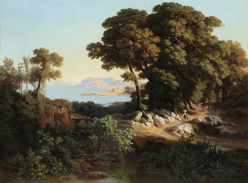 Landscape oil painting by Johann Jakob Frey depicting hills and sky in Sicily