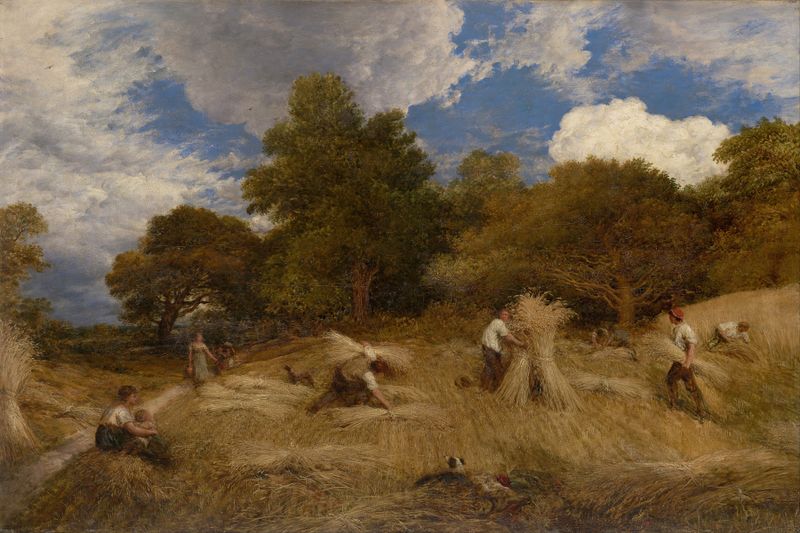 Trigo de John Linnell, óleo sobre lienzo que muestra campos dorados bajo un vasto cielo.