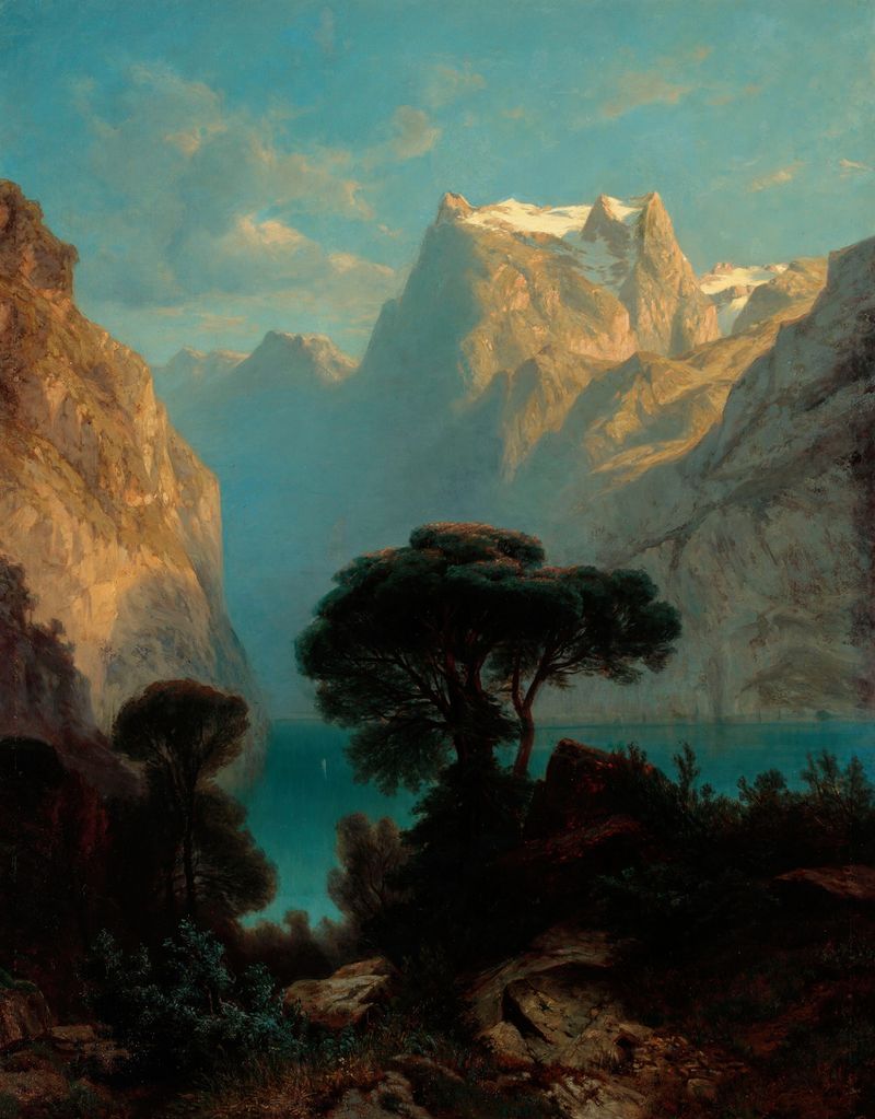 Lake of Four Cantons by Alexandre Calame, oil on canvas, depicting a tranquil lake and surrounding mountains.