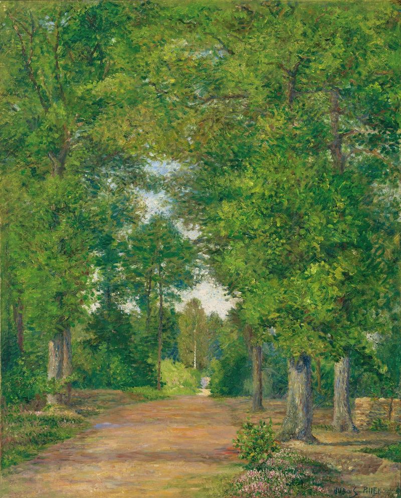 Paysage de forêt de Albert Dubois-Pillet, pintura a óleo que retrata um dossel florestal exuberante.
