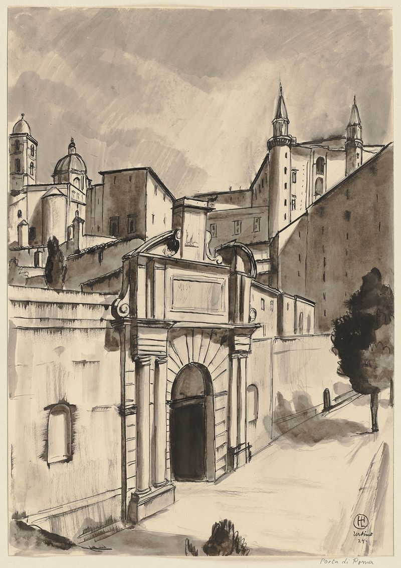 Die Porta Valbona in Urbino de Hermann Lismann, óleo sobre tela, retratando uma muralha da cidade ao pôr do sol