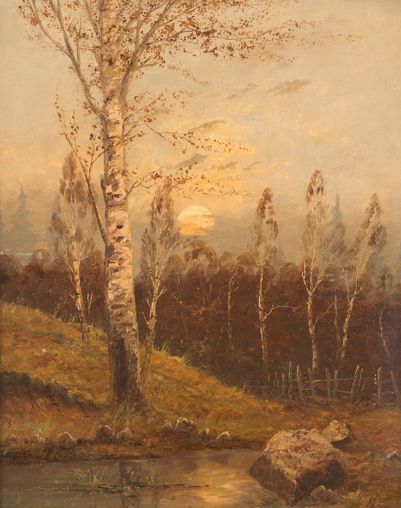 Floresta de bétulas ao entardecer de Anton Von Rüdt, óleo sobre tela retratando luz e sombras do crepúsculo.
