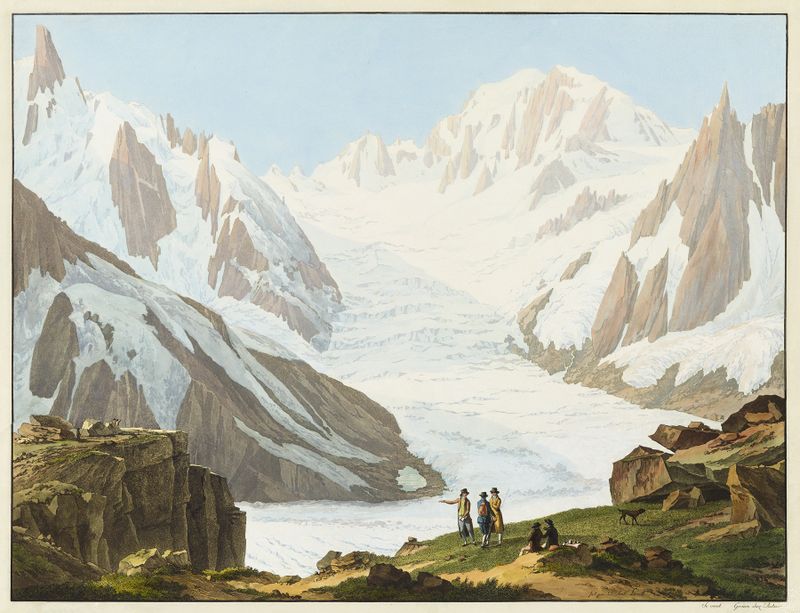 Oil painting by Jean-Antoine Linck depicting mountains and a glacier.