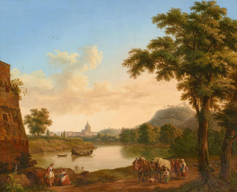 Paisagem representando o rio Tibre e a Basílica de São Pedro de Jacob Philipp Hackert, pintura a óleo