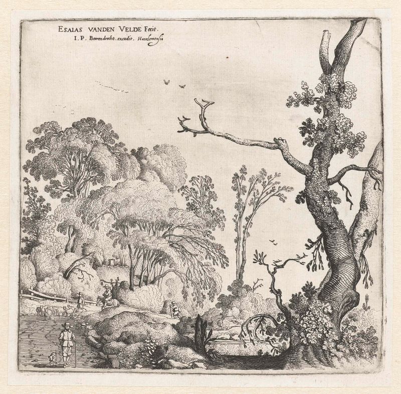 Landschap met bomen de Esaias van de Velde, grabado que representa árboles y follaje de otoño