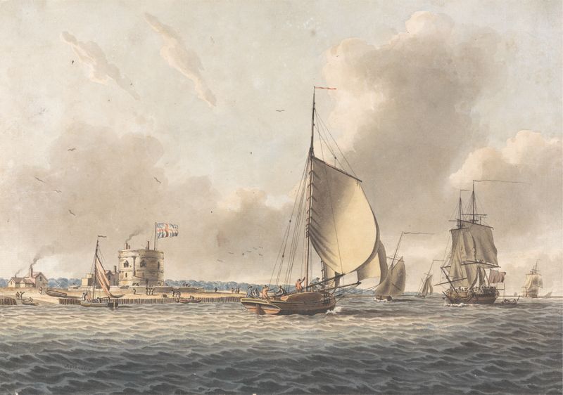 Marine scene with an English frigate and shipping, oil painting by John Cleveley the younger