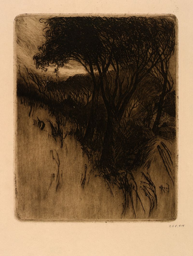 Twilight de Earl Howell Reed, retratando uma paisagem com um céu índigo e transformação etérea, meio desconhecido.