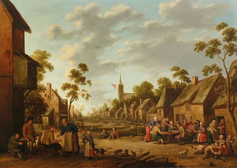 Uma cena de kermesse de vila com pessoas comendo e crianças brincando, pintura a óleo de Joost Cornelisz Droochsloot