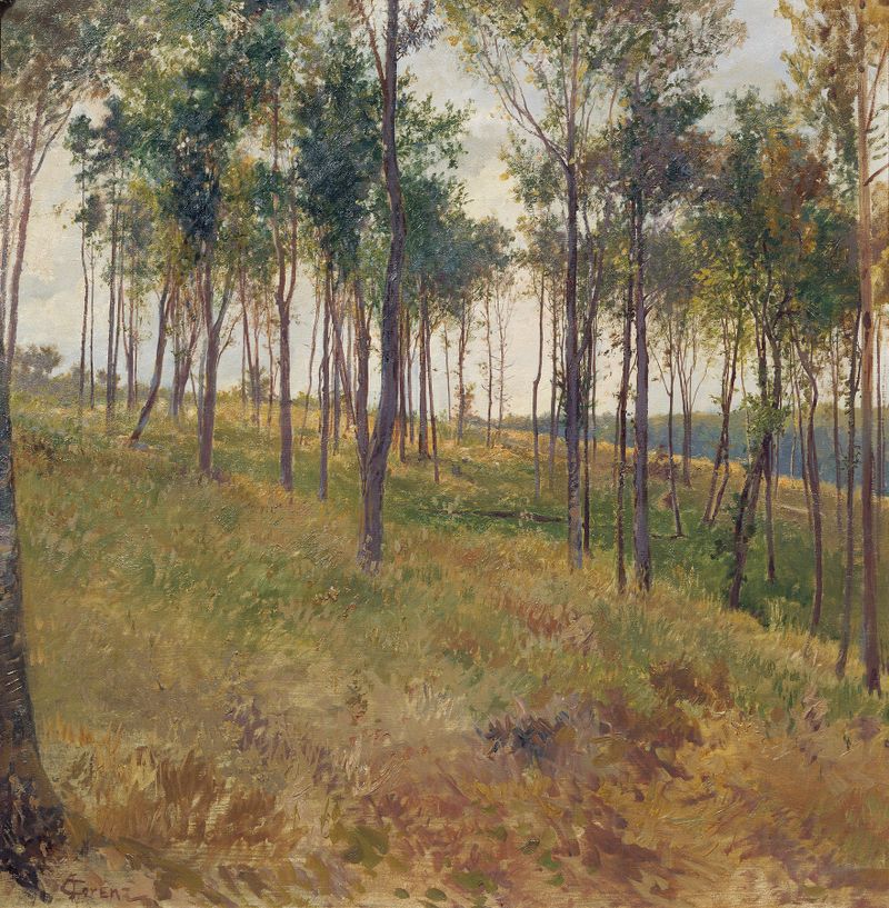 Pintura de paisagem a óleo de Carl Raimund Lorenz retratando o crepúsculo com vegetação e flores.