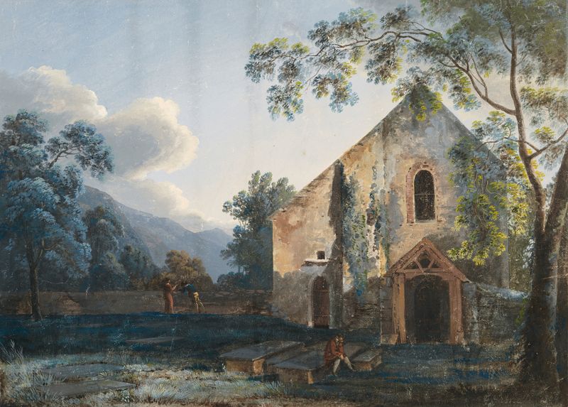 A Country Churchyard de Gaspare Gabrielli, paisagem com lápides e colinas, pintura a óleo
