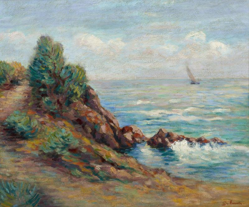 Voilier à Agay de Armand Guillaumin, pintura a óleo que mostra um veleiro em águas turquesas.