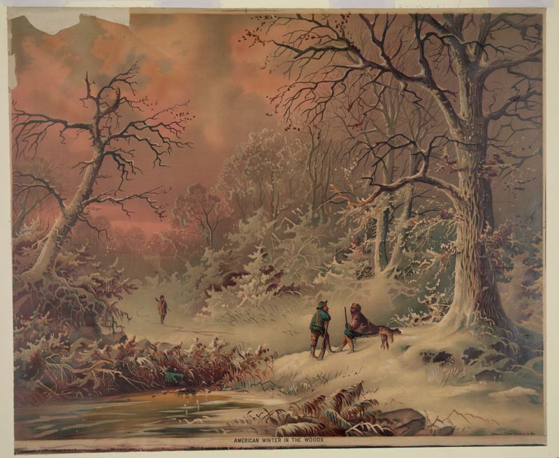 Winter landscape lithograph by Gibson & Co. Lith featuring figures around a fire in a snowy forest.