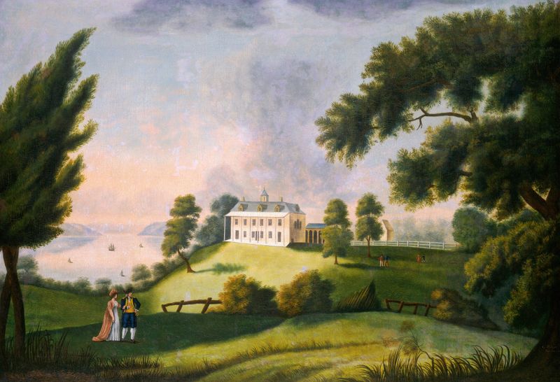 Mount Vernon de George Ropes, óleo sobre lienzo que muestra una finca serena con árboles y cielo.